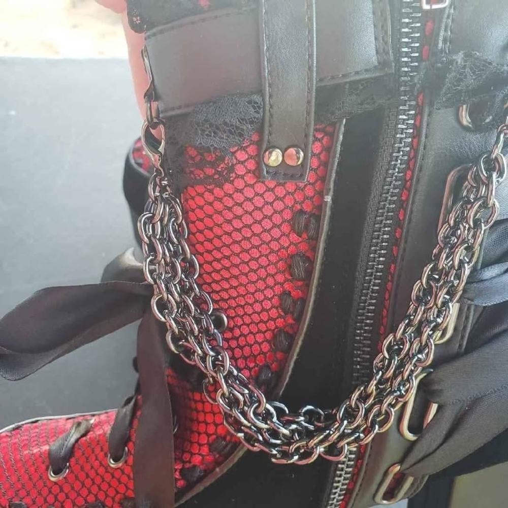 Demonia Red and Black Chain Heeled Boots - Picture 2 of 5